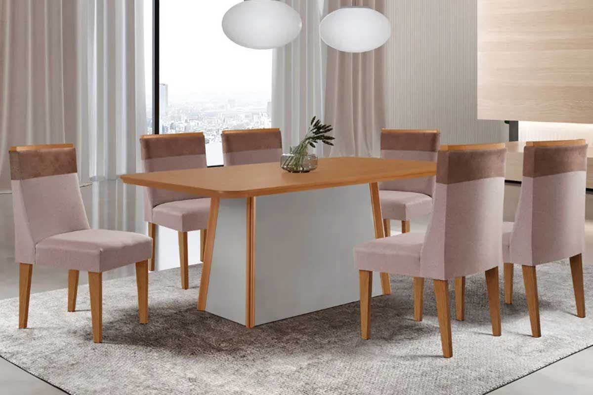 Sala de Jantar Completa Tilia c/ Tampo Madeirado Canto Curvo 180x90cm e 6 Cadeiras Jaspe Madeira Maciça - Rufato