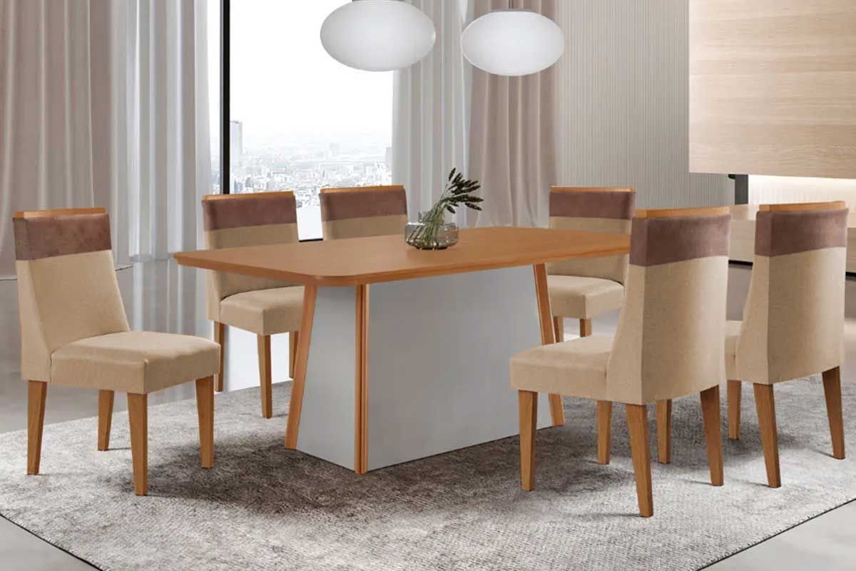 Sala de Jantar Completa Tilia c/ Tampo Madeirado Canto Curvo 180x90cm e 6 Cadeiras Jaspe Madeira Maciça - Rufato