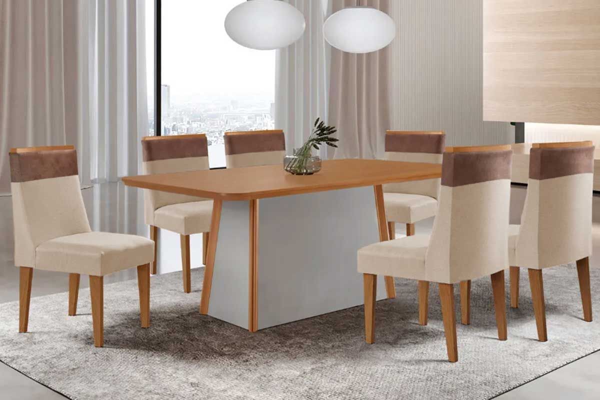 Sala de Jantar Completa Tilia c/ Tampo Madeirado Canto Curvo 180x90cm e 6 Cadeiras Jaspe Madeira Maciça - Rufato