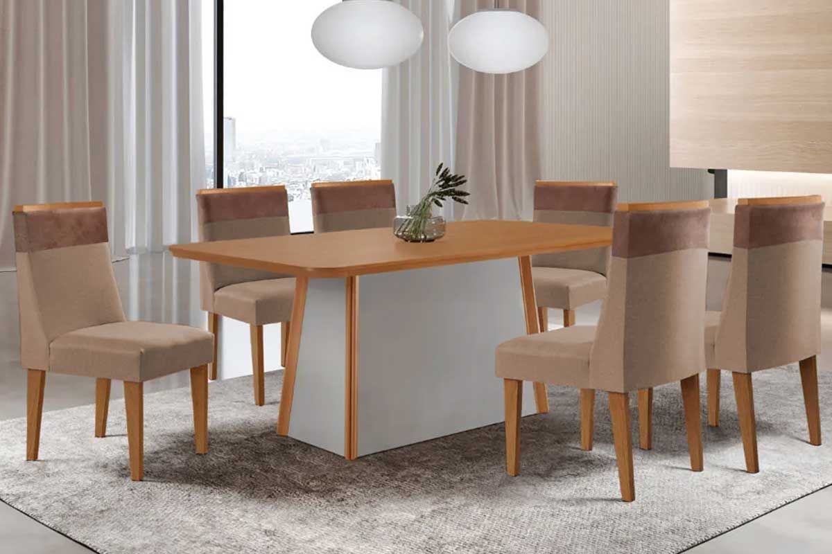Sala de Jantar Completa Tilia c/ Tampo Madeirado Canto Curvo 180x90cm e 6 Cadeiras Jaspe Madeira Maciça - Rufato
