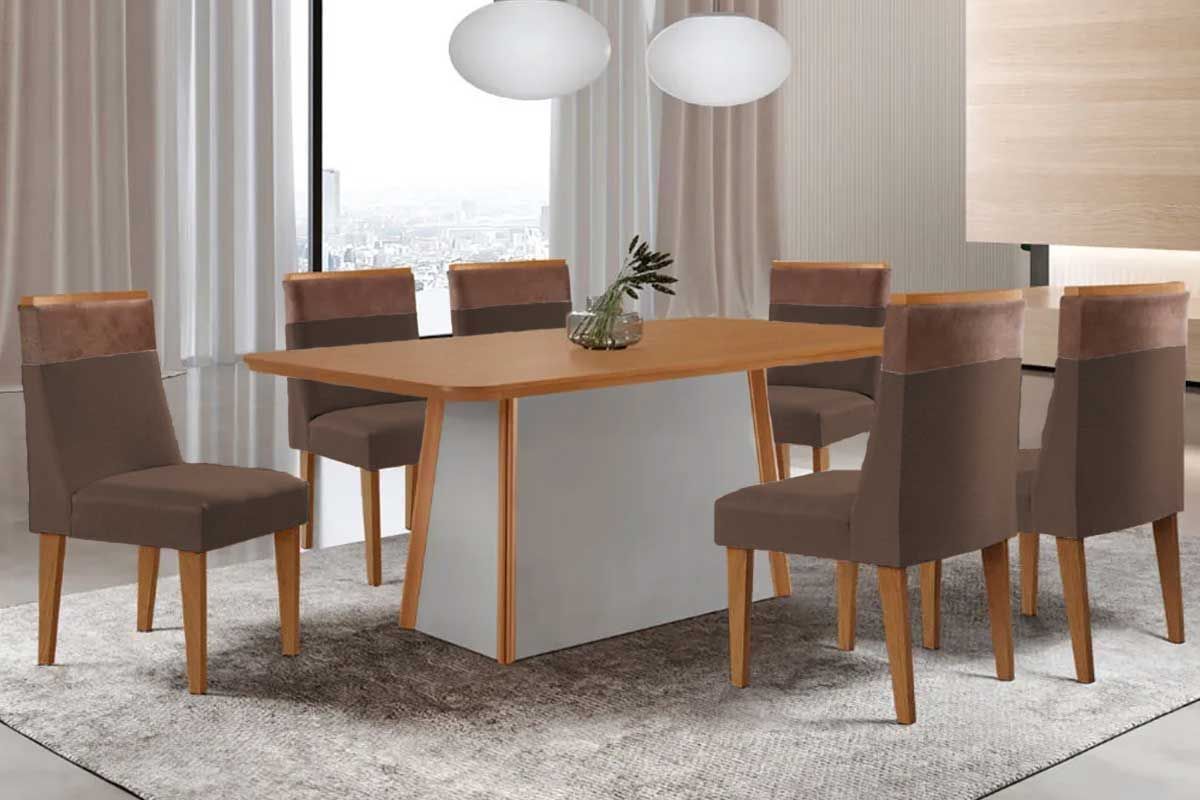 Sala de Jantar Completa Tilia c/ Tampo Madeirado Canto Curvo 180x90cm e 6 Cadeiras Jaspe Madeira Maciça - Rufato