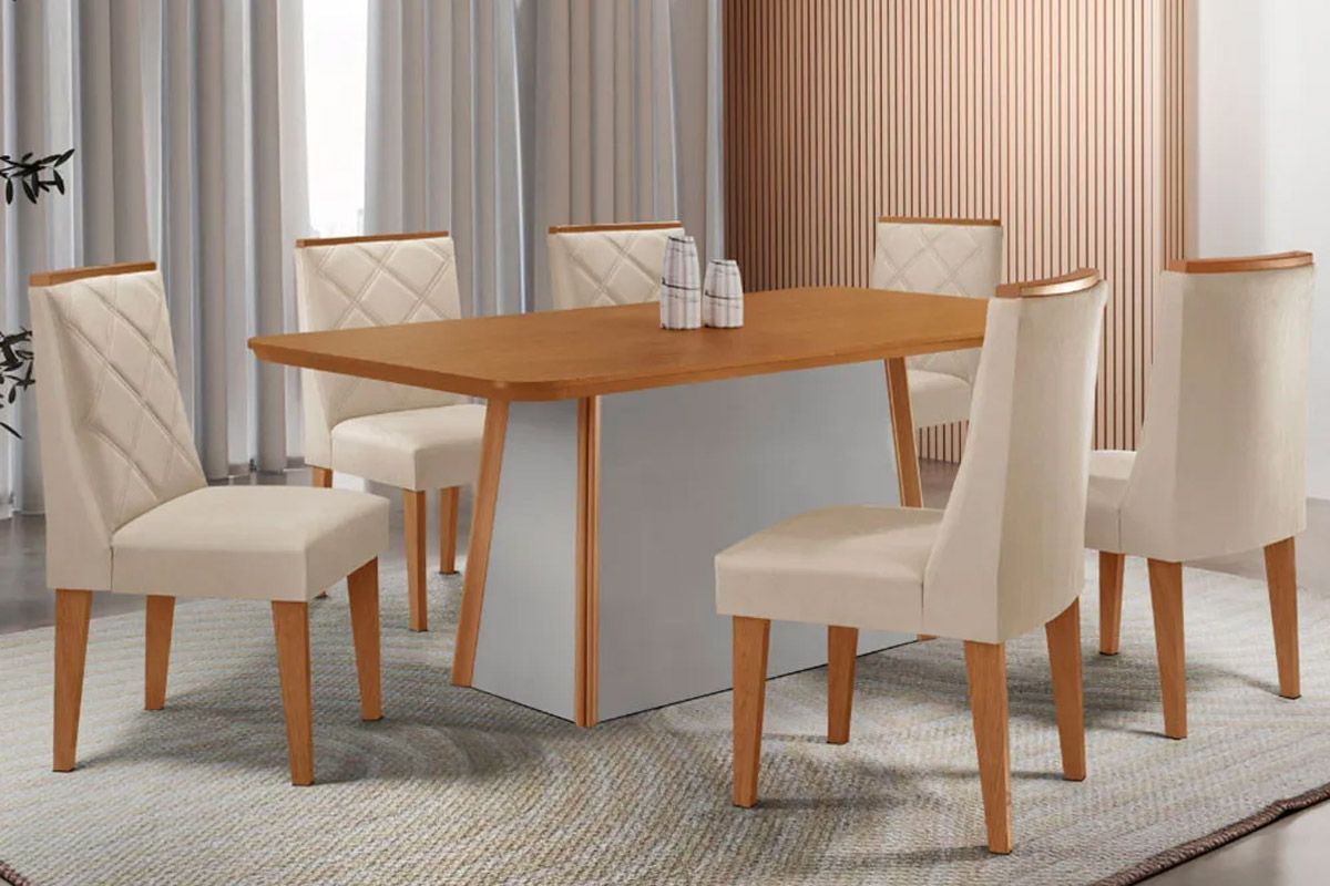 Sala de Jantar Completa Tilia c/ Tampo Madeirado Canto Curvo 180x90cm e 6 Cadeiras Pietá Madeira Maciça - Rufato