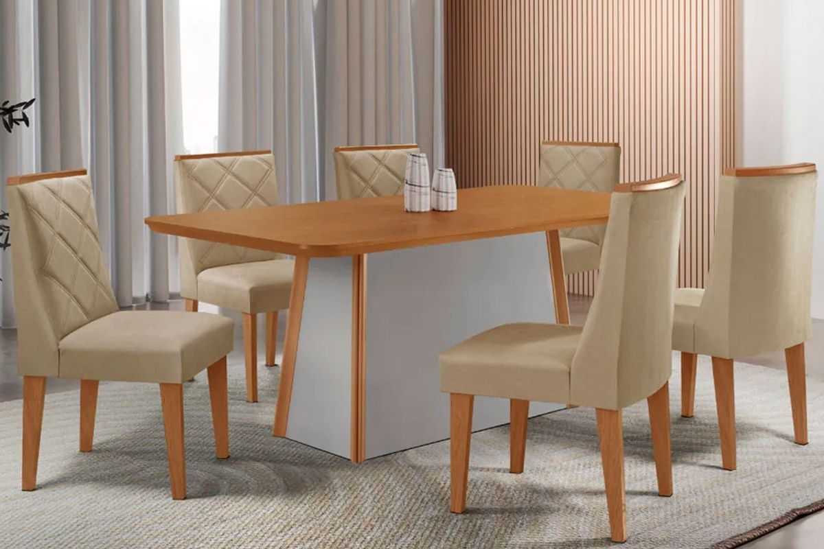 Sala de Jantar Completa Tilia c/ Tampo Madeirado Canto Curvo 180x90cm e 6 Cadeiras Pietá Madeira Maciça - Rufato