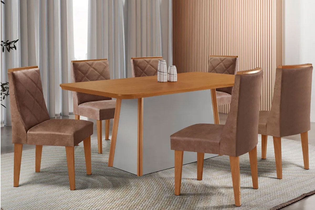 Sala de Jantar Completa Tilia c/ Tampo Madeirado Canto Curvo 180x90cm e 6 Cadeiras Pietá Madeira Maciça - Rufato
