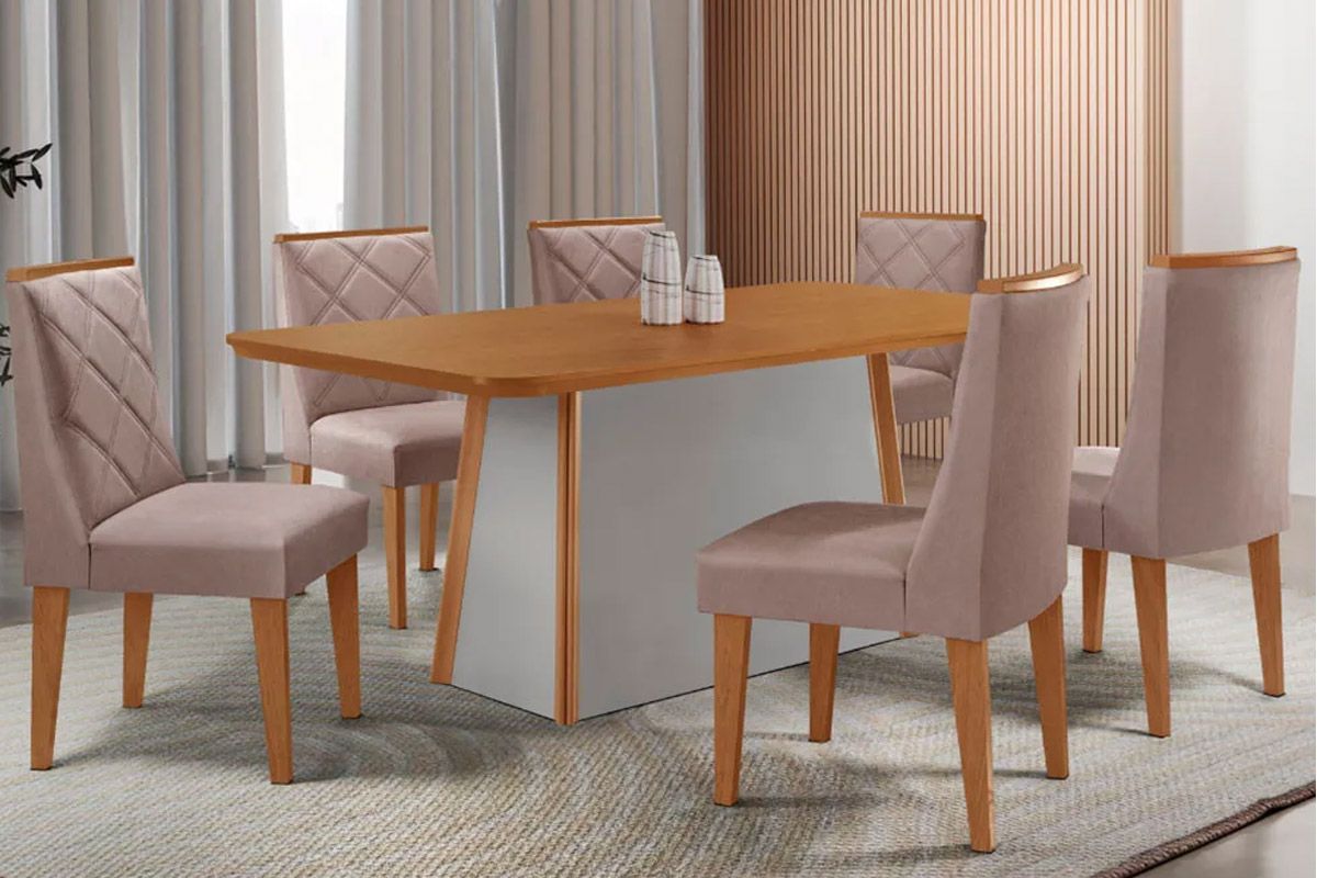 Sala de Jantar Completa Tilia c/ Tampo Madeirado Canto Curvo 180x90cm e 6 Cadeiras Pietá Madeira Maciça - Rufato