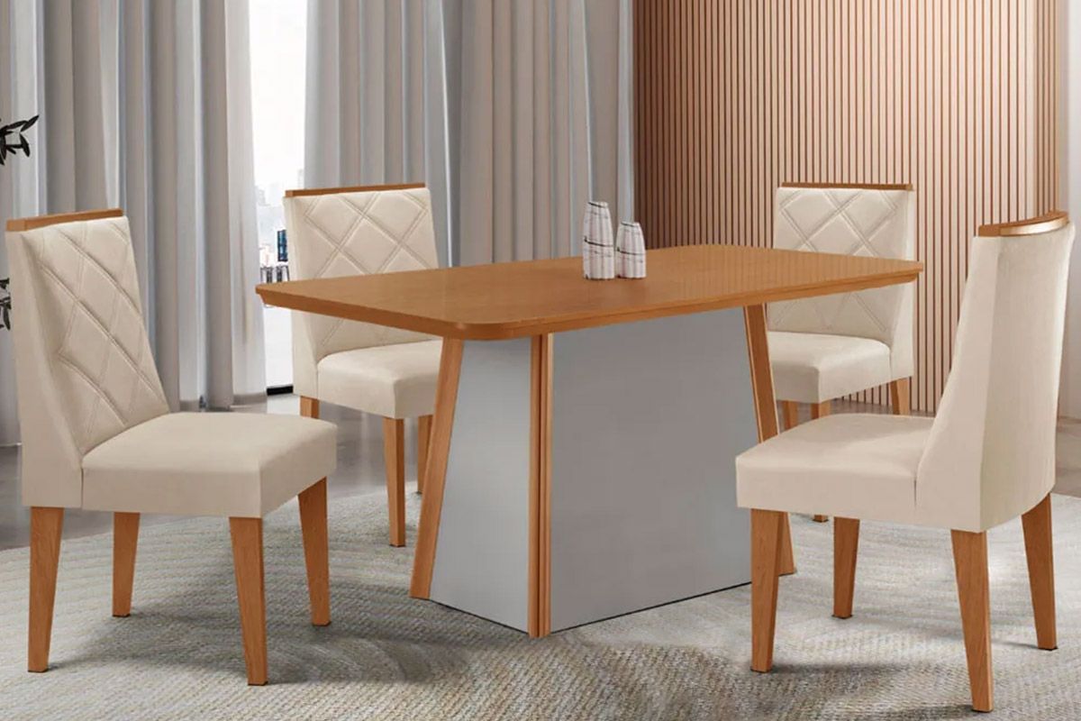 Sala de Jantar Completa Tilia c/ Tampo Madeirado Canto Curvo 120x80cm e 4 Cadeiras Pietá Madeira Maciça - Rufato
