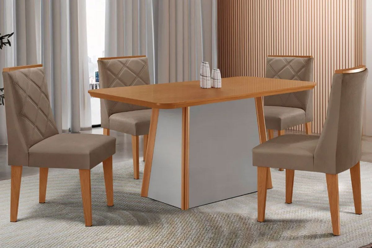 Sala de Jantar Completa Tilia c/ Tampo Madeirado Canto Curvo 120x80cm e 4 Cadeiras Pietá Madeira Maciça - Rufato