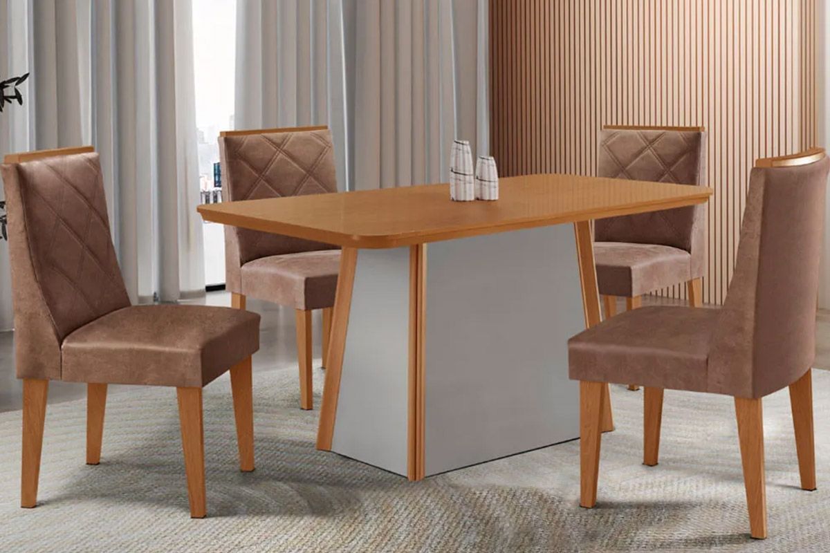 Sala de Jantar Completa Tilia c/ Tampo Madeirado Canto Curvo 120x80cm e 4 Cadeiras Pietá Madeira Maciça - Rufato