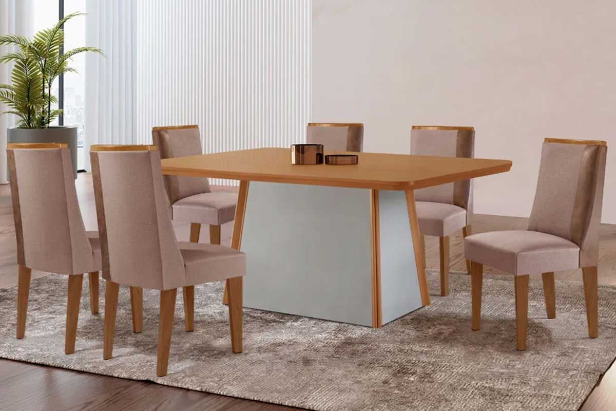 Sala de Jantar Completa Tilia c/ Tampo Madeirado Canto Curvo 180x90cm e 6 Cadeiras Tilia Madeira Maciça - Rufato