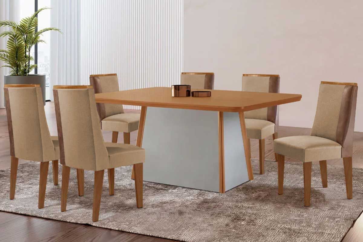 Sala de Jantar Completa Tilia c/ Tampo Madeirado Canto Curvo 180x90cm e 6 Cadeiras Tilia Madeira Maciça - Rufato