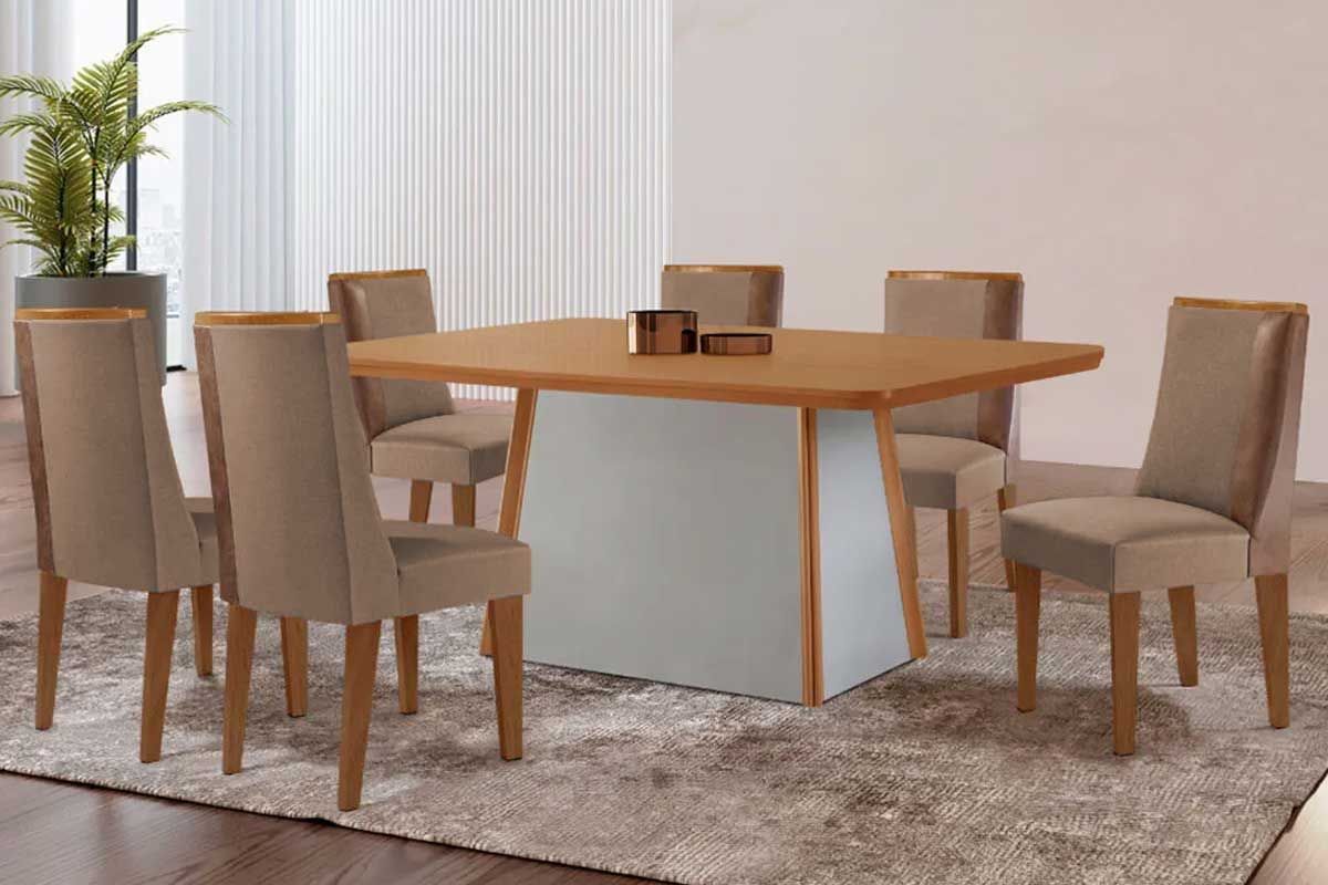 Sala de Jantar Completa Tilia c/ Tampo Madeirado Canto Curvo 180x90cm e 6 Cadeiras Tilia Madeira Maciça - Rufato