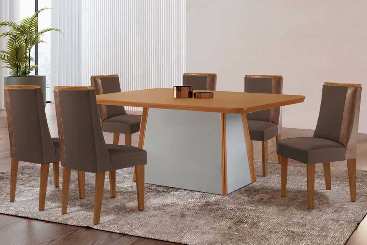 Sala de Jantar Completa Tilia c/ Tampo Madeirado Canto Curvo 180x90cm e 6 Cadeiras Tilia Madeira Maciça - Rufato