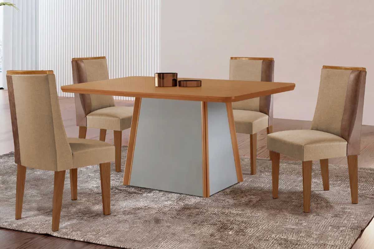 Sala de Jantar Completa Tilia c/ Tampo Madeirado Canto Curvo 120x80cm e 4 Cadeiras Tilia Madeira Maciça - Rufato