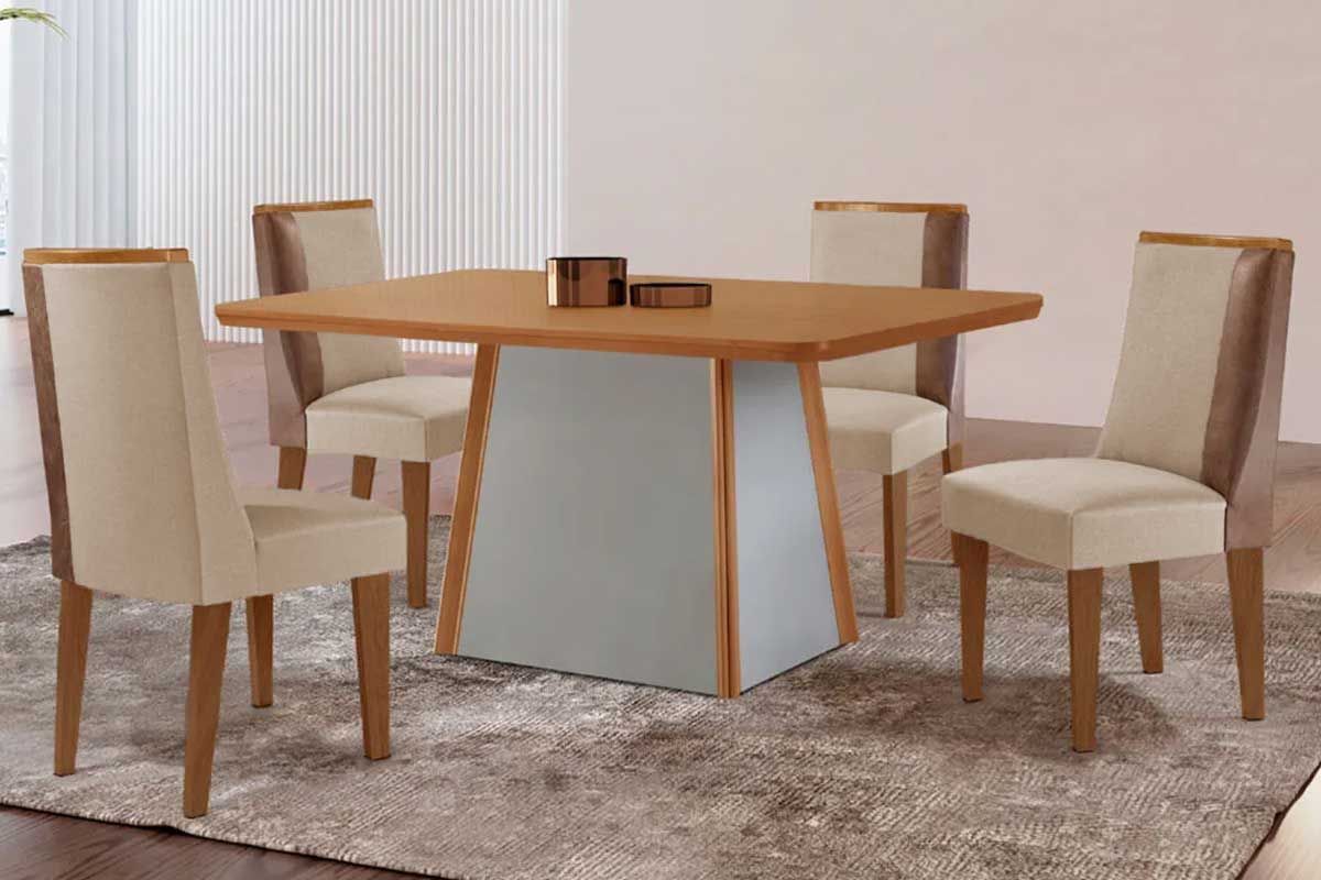 Sala de Jantar Completa Tilia c/ Tampo Madeirado Canto Curvo 120x80cm e 4 Cadeiras Tilia Madeira Maciça - Rufato