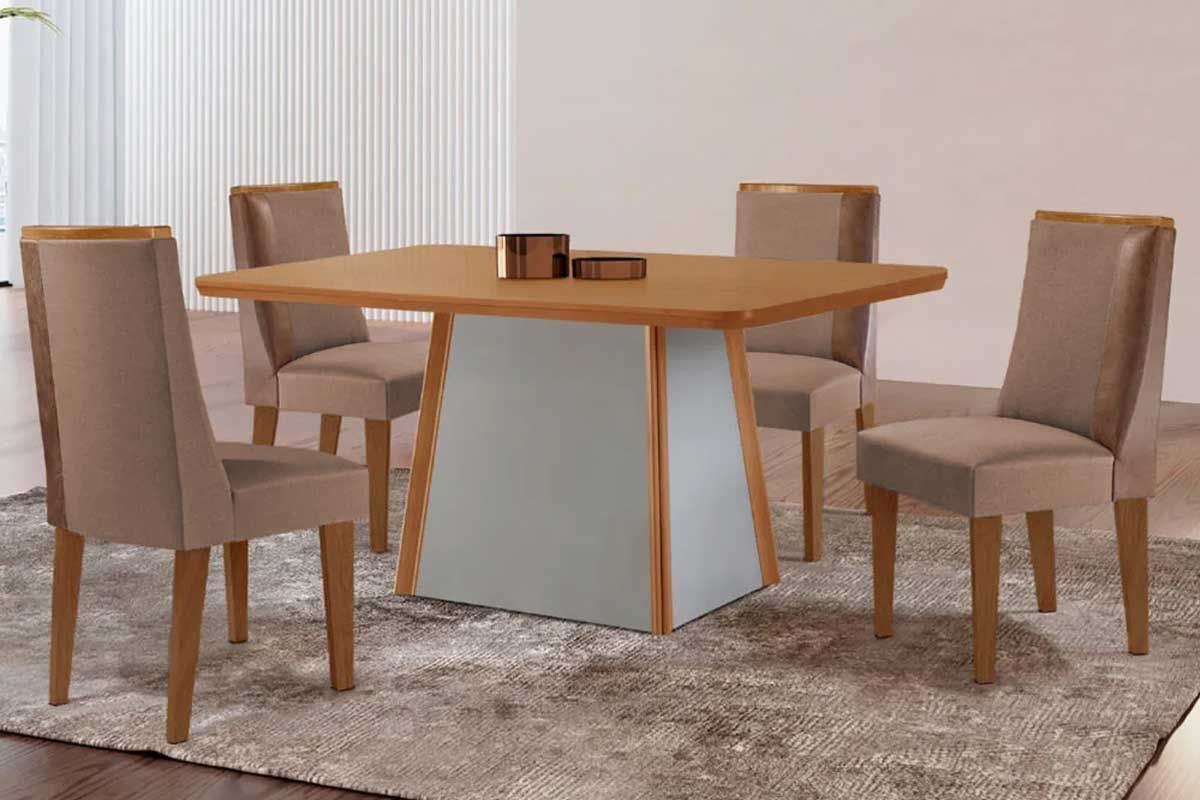 Sala de Jantar Completa Tilia c/ Tampo Madeirado Canto Curvo 120x80cm e 4 Cadeiras Tilia Madeira Maciça - Rufato