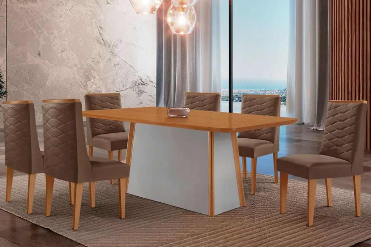 Sala de Jantar Completa Tilia c/ Tampo Madeirado Canto Curvo 180x90cm e 6 Cadeiras Dafne Madeira Maciça - Rufato