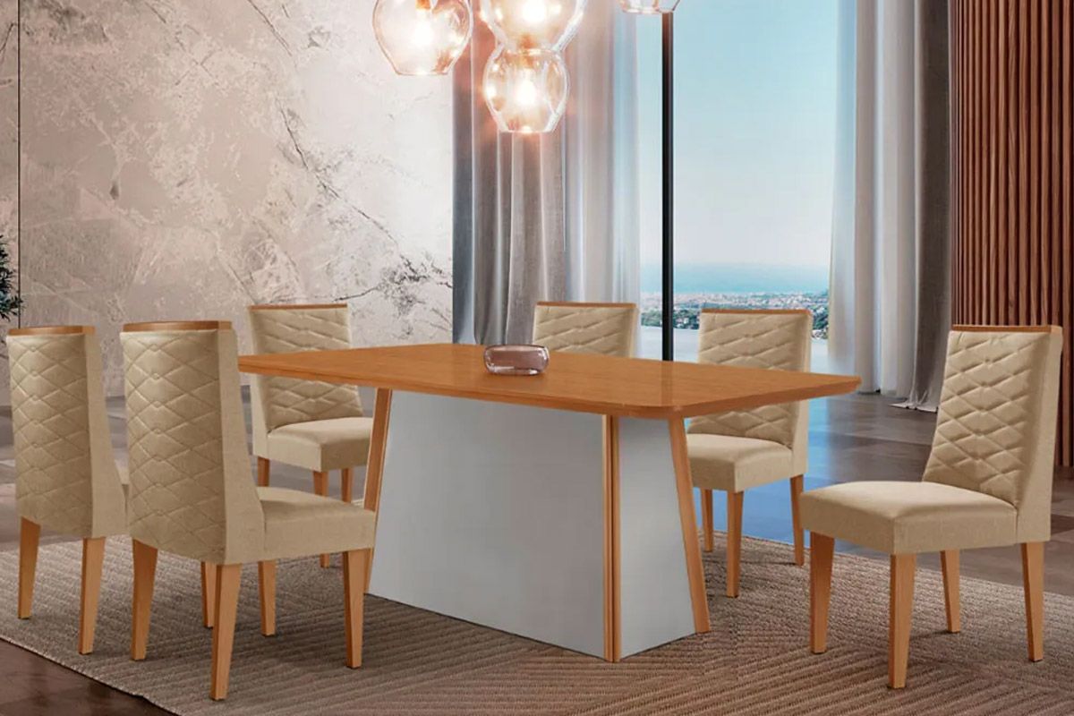 Sala de Jantar Completa Tilia c/ Tampo Madeirado Canto Curvo 180x90cm e 6 Cadeiras Dafne Madeira Maciça - Rufato