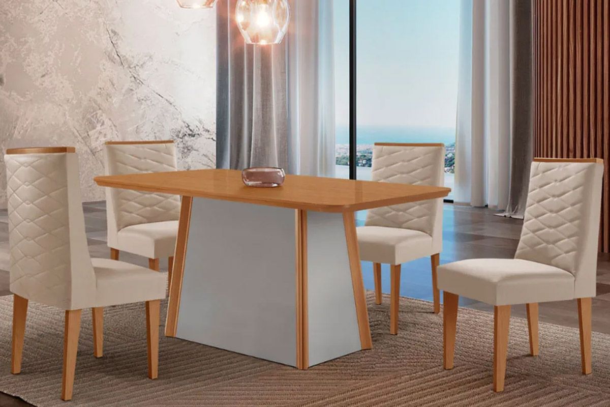 Sala de Jantar Completa Tilia c/ Tampo Madeirado Canto Curvo 120x80cm e 4 Cadeiras Dafne Madeira Maciça - Rufato