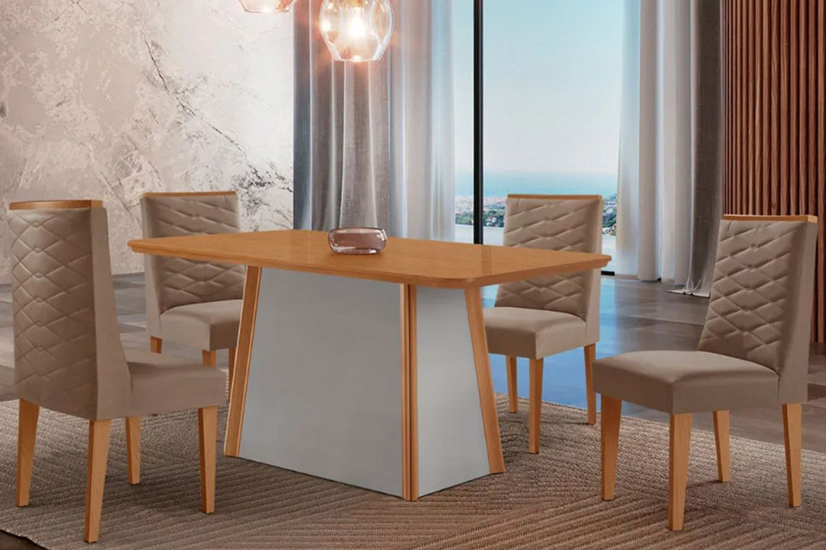 Sala de Jantar Completa Tilia c/ Tampo Madeirado Canto Curvo 120x80cm e 4 Cadeiras Dafne Madeira Maciça - Rufato
