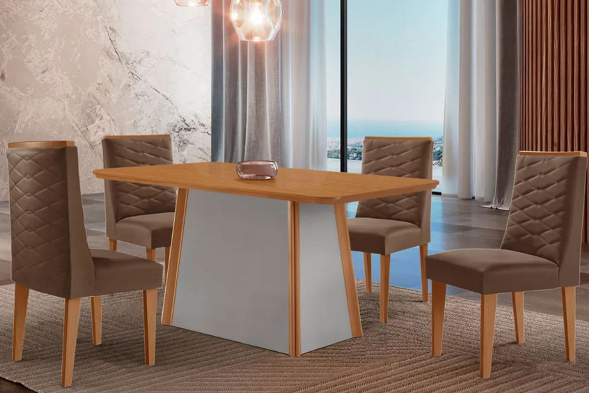 Sala de Jantar Completa Tilia c/ Tampo Madeirado Canto Curvo 120x80cm e 4 Cadeiras Dafne Madeira Maciça - Rufato