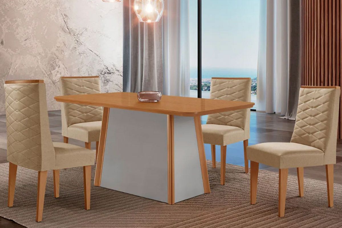 Sala de Jantar Completa Tilia c/ Tampo Madeirado Canto Curvo 120x80cm e 4 Cadeiras Dafne Madeira Maciça - Rufato