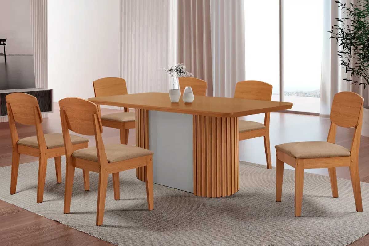 Sala de Jantar Completa Pilar c/ Tampo Madeirado Canto Curvo 180x90cm e 6 Cadeiras Havana - Rufato
