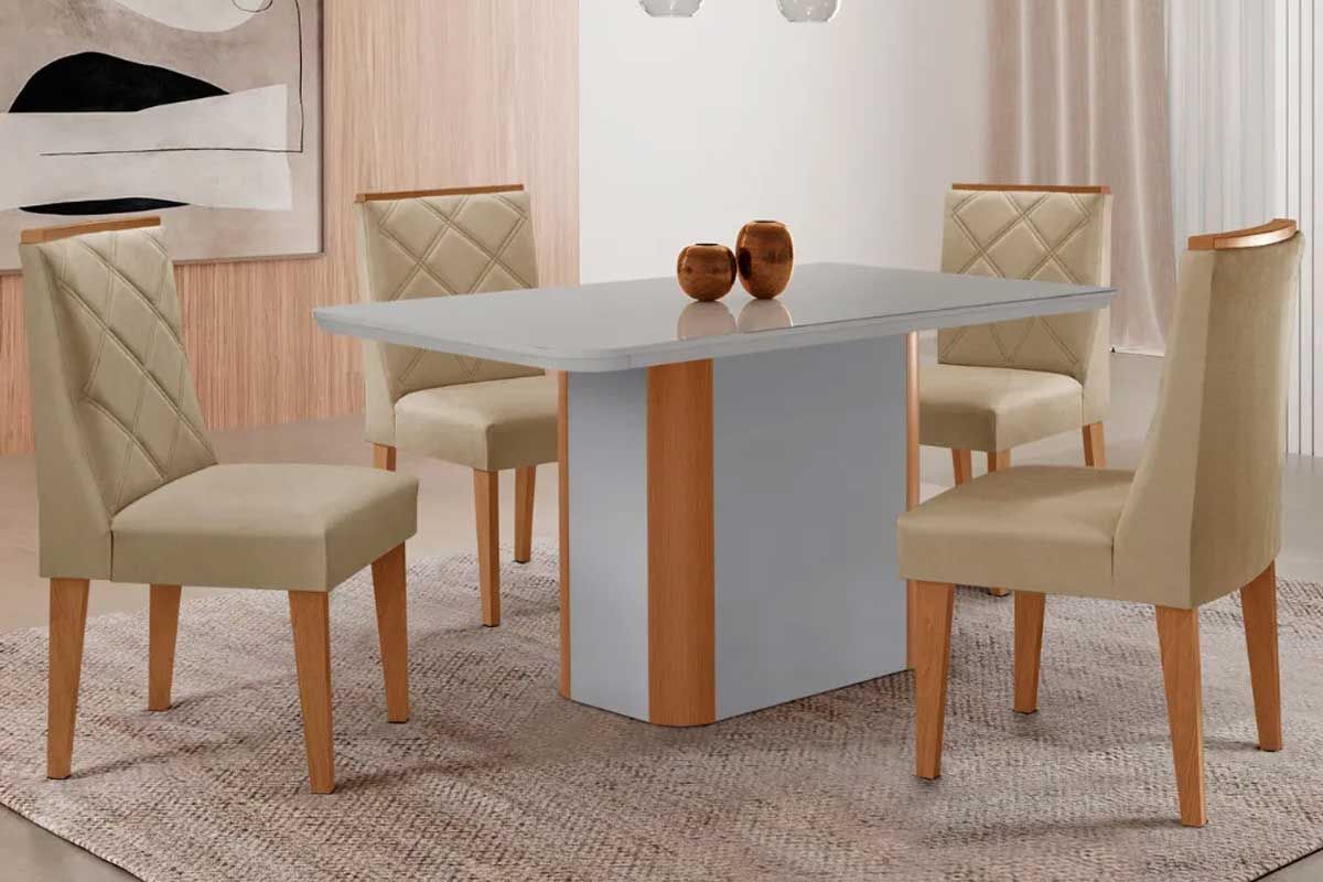 Sala de Jantar Completa Pietá c/ Tampo Madeirado c/ Vidro Canto Curvo 120x80cm e 4 Cadeiras Pietá - Rufato