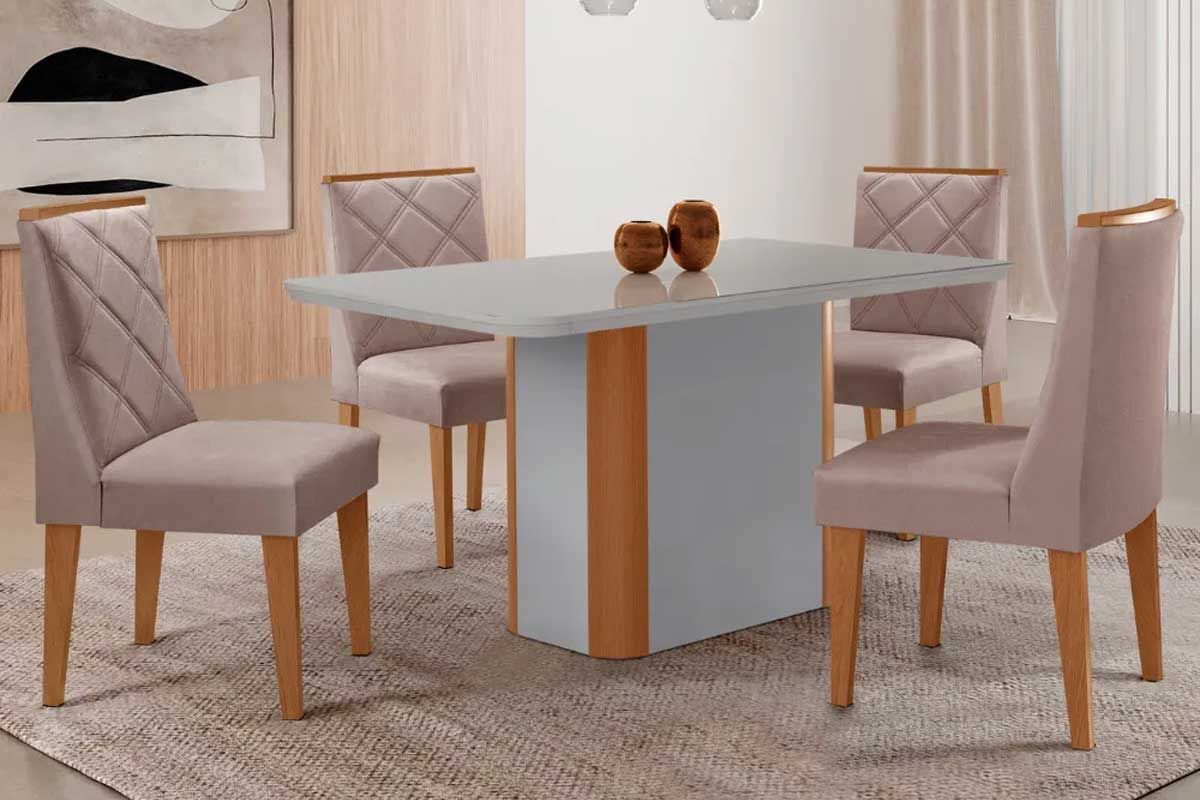Sala de Jantar Completa Pietá c/ Tampo Madeirado c/ Vidro Canto Curvo 120x80cm e 4 Cadeiras Pietá - Rufato