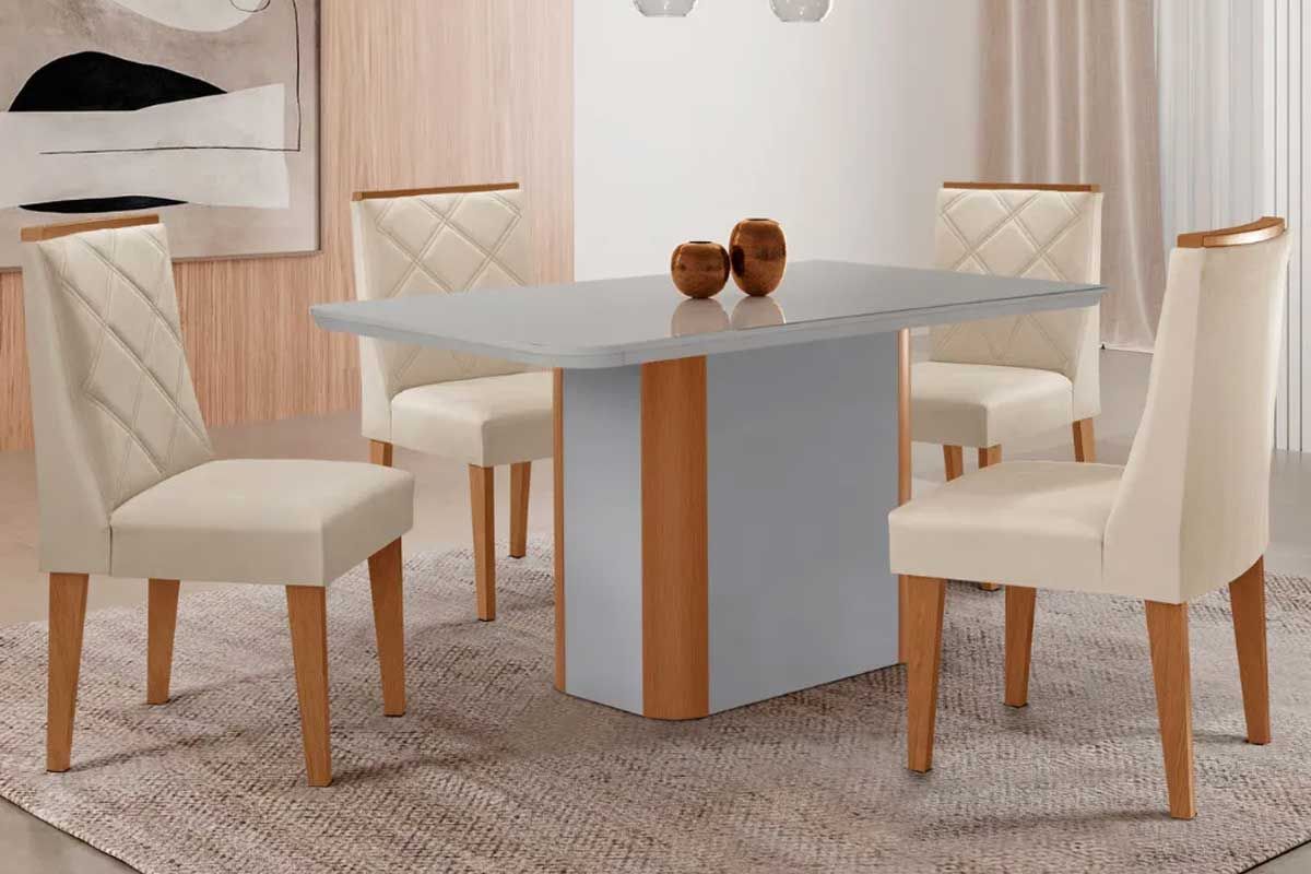 Sala de Jantar Completa Pietá c/ Tampo Madeirado c/ Vidro Canto Curvo 120x80cm e 4 Cadeiras Pietá - Rufato