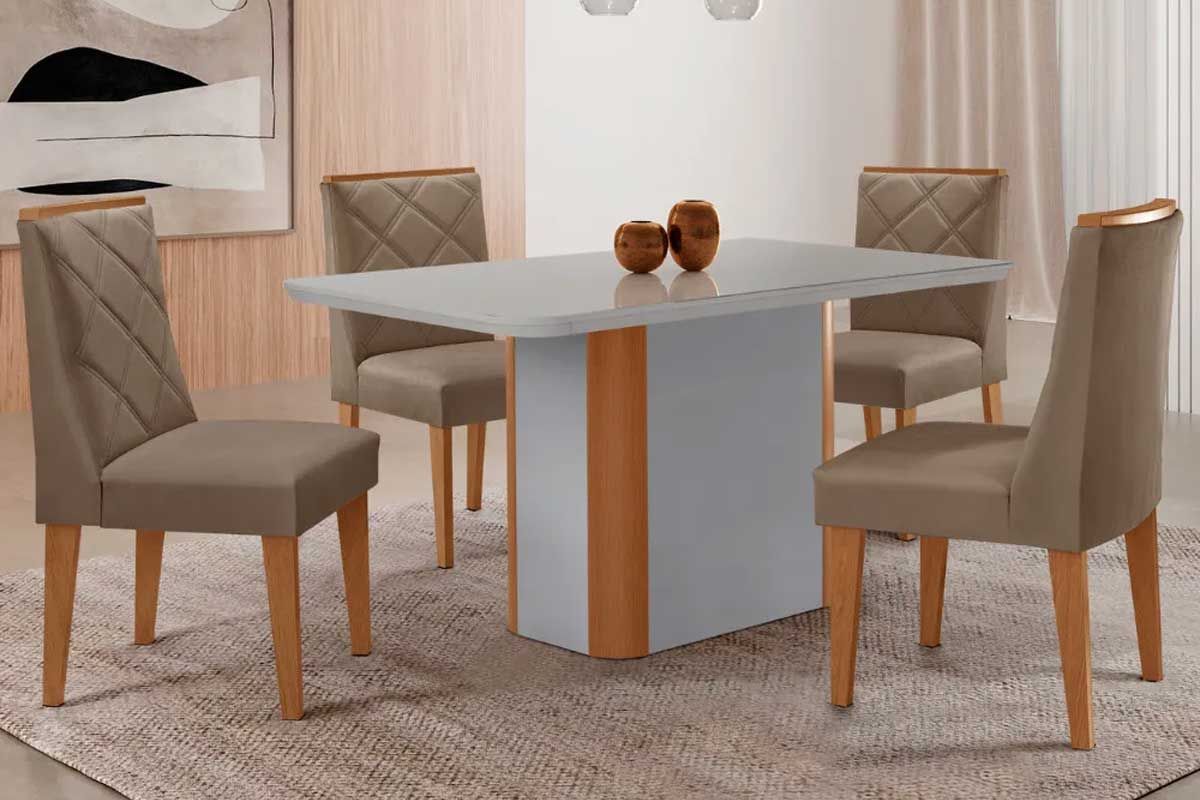 Sala de Jantar Completa Pietá c/ Tampo Madeirado c/ Vidro Canto Curvo 120x80cm e 4 Cadeiras Pietá - Rufato