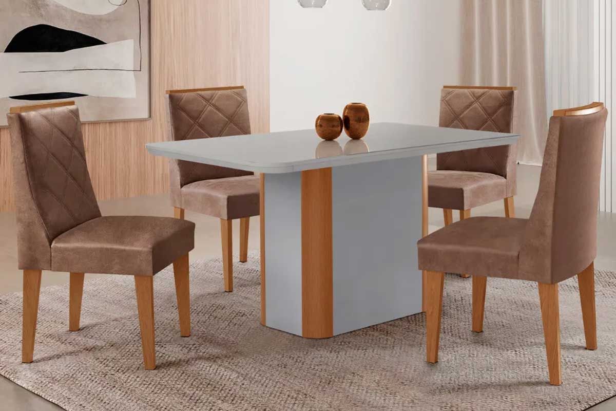 Sala de Jantar Completa Pietá c/ Tampo Madeirado c/ Vidro Canto Curvo 120x80cm e 4 Cadeiras Pietá - Rufato