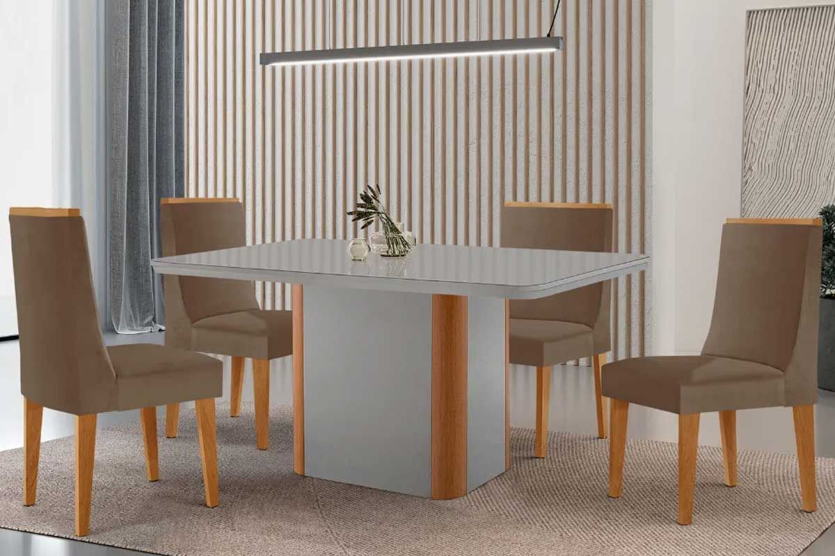 Sala de Jantar Completa Pietá c/ Tampo Madeirado c/ Vidro Canto Curvo 120x80cm e 4 Cadeiras Dakota - Rufato