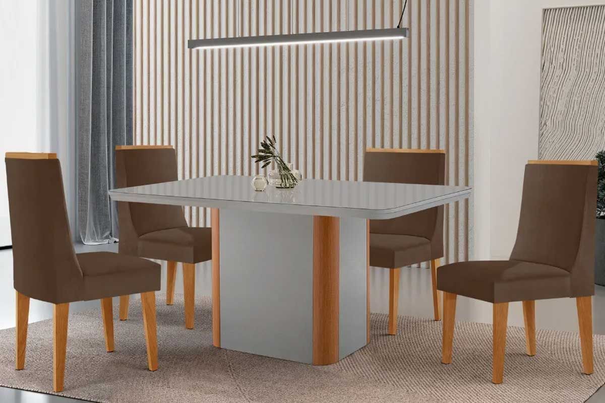 Sala de Jantar Completa Pietá c/ Tampo Madeirado c/ Vidro Canto Curvo 120x80cm e 4 Cadeiras Dakota - Rufato