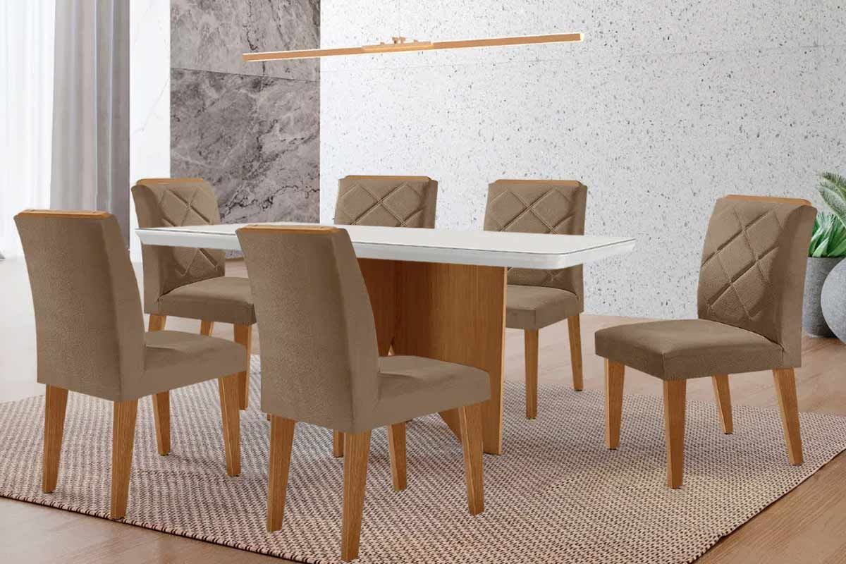 Sala de Jantar Completa Nevada c/ Tampo Madeirado c/ Vidro Canto Curvo 180x90cm e 6 Cadeiras Pietá - Rufato
