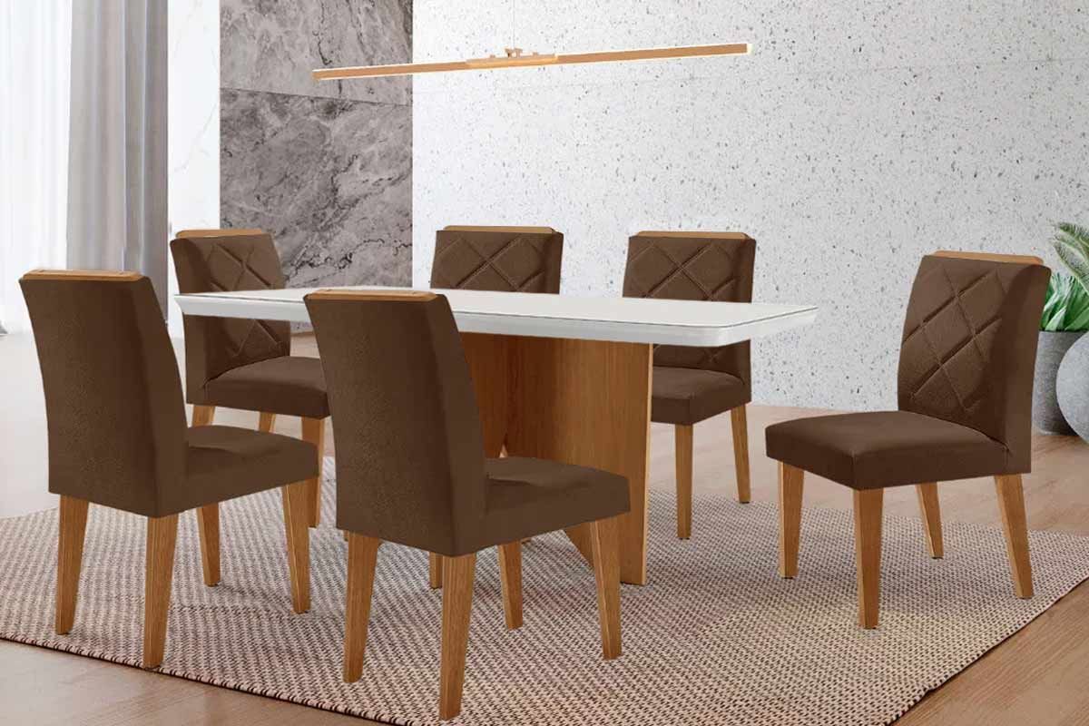 Sala de Jantar Completa Nevada c/ Tampo Madeirado c/ Vidro Canto Curvo 180x90cm e 6 Cadeiras Pietá - Rufato