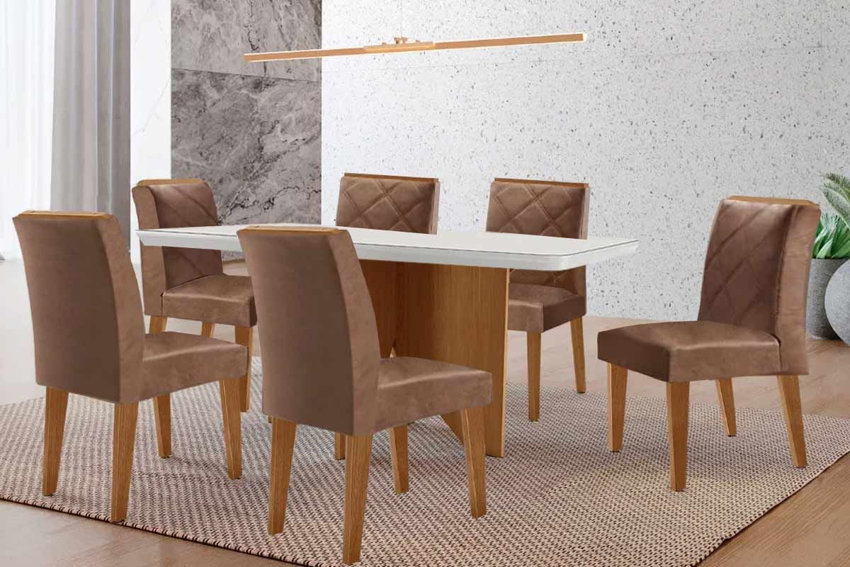 Sala de Jantar Completa Nevada c/ Tampo Madeirado c/ Vidro Canto Curvo 180x90cm e 6 Cadeiras Pietá - Rufato