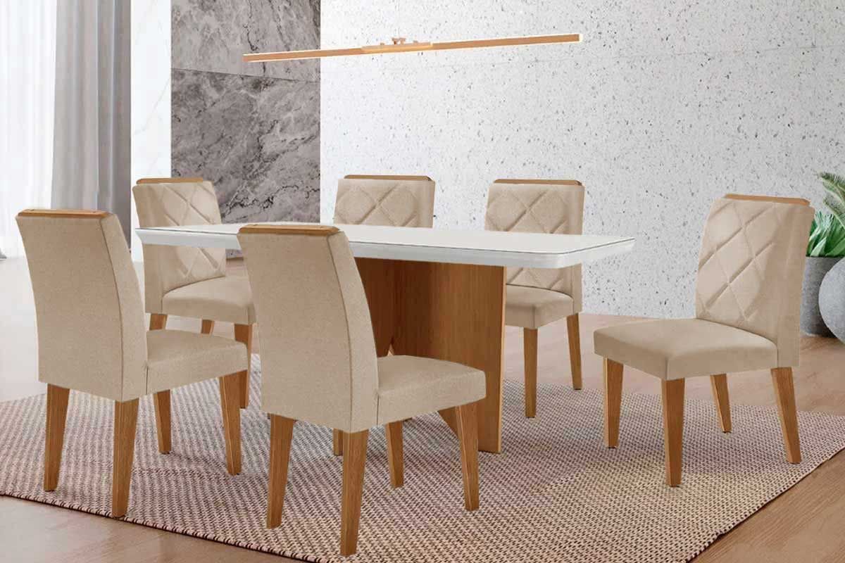 Sala de Jantar Completa Nevada c/ Tampo Madeirado c/ Vidro Canto Curvo 180x90cm e 6 Cadeiras Pietá - Rufato