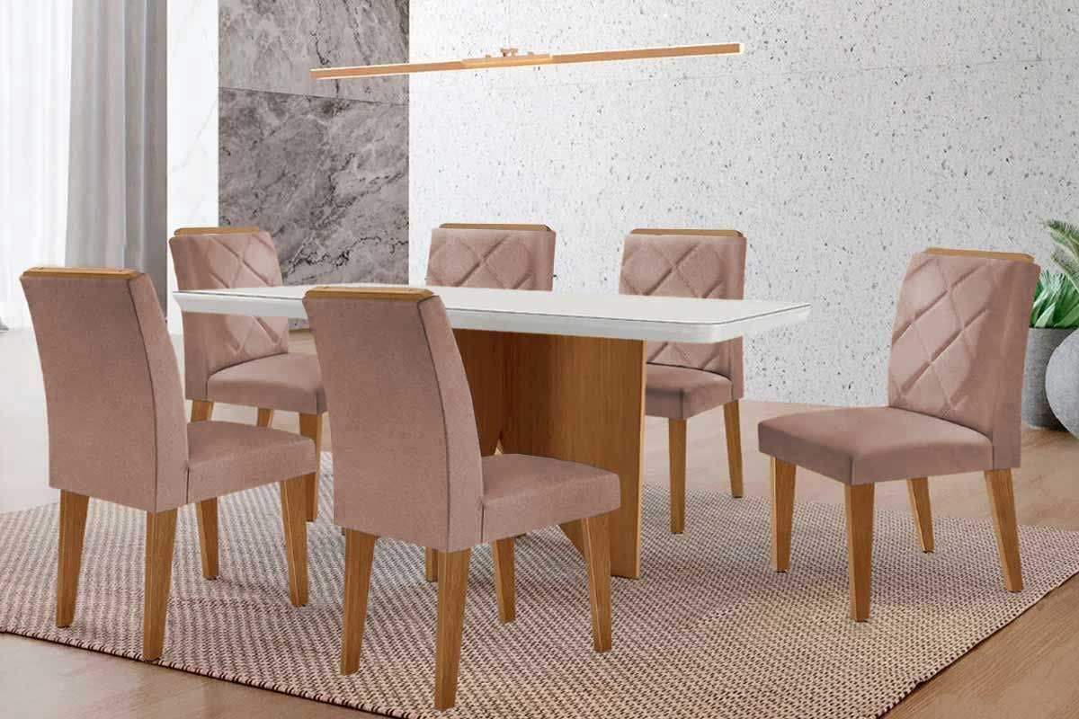 Sala de Jantar Completa Nevada c/ Tampo Madeirado c/ Vidro Canto Curvo 180x90cm e 6 Cadeiras Pietá - Rufato