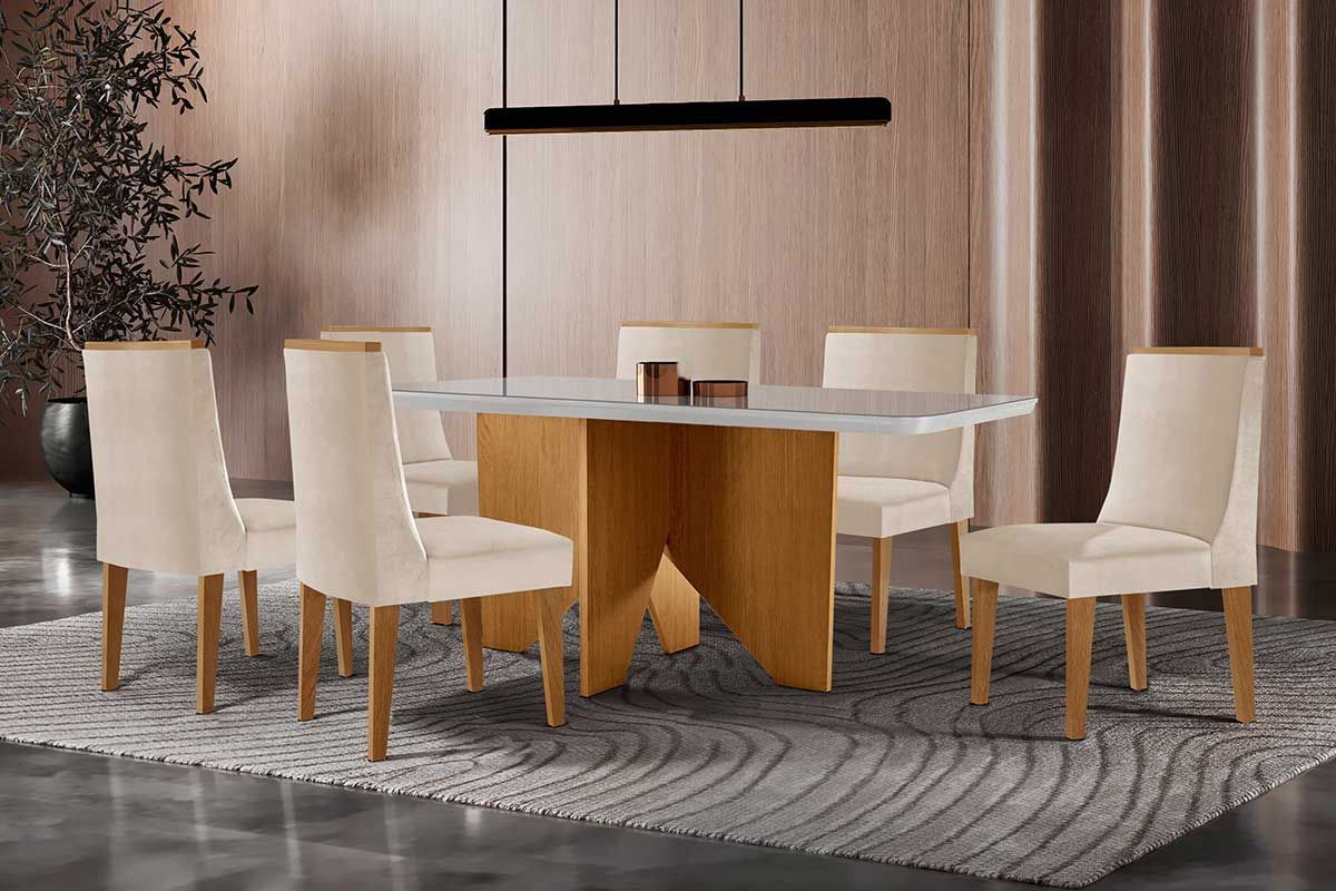 Sala Jantar Mesa Nevada Curvo 180cm + 6 Cadeiras Dakota Madeira - Rufato