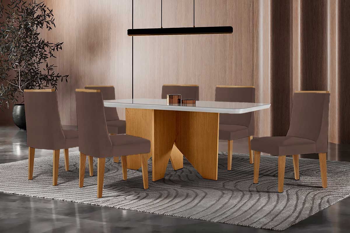 Sala Jantar Mesa Nevada Curvo 180cm + 6 Cadeiras Dakota Madeira - Rufato