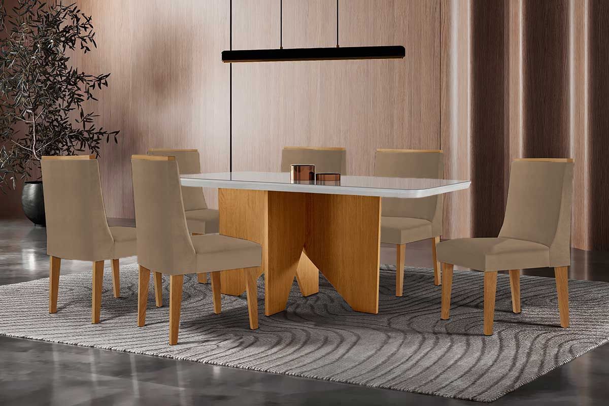 Sala Jantar Mesa Nevada Curvo 180cm + 6 Cadeiras Dakota Madeira - Rufato