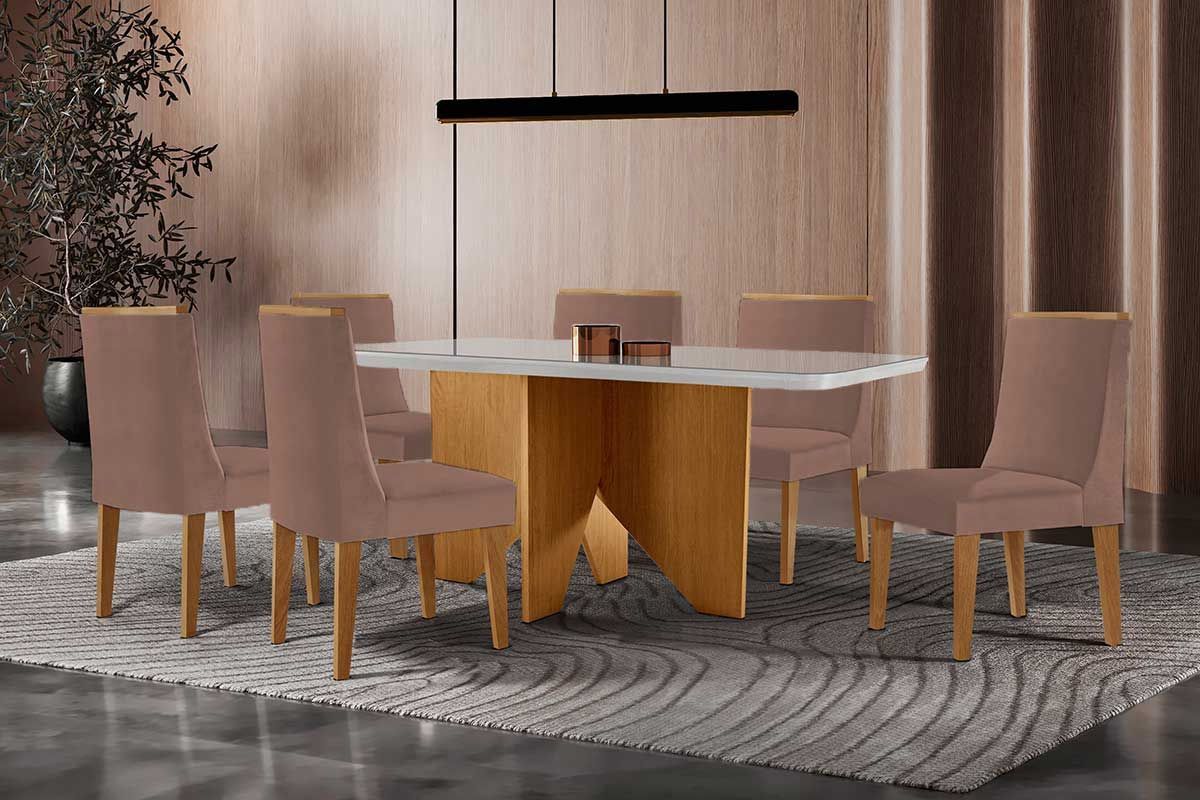 Sala Jantar Mesa Nevada Curvo 180cm + 6 Cadeiras Dakota Madeira - Rufato