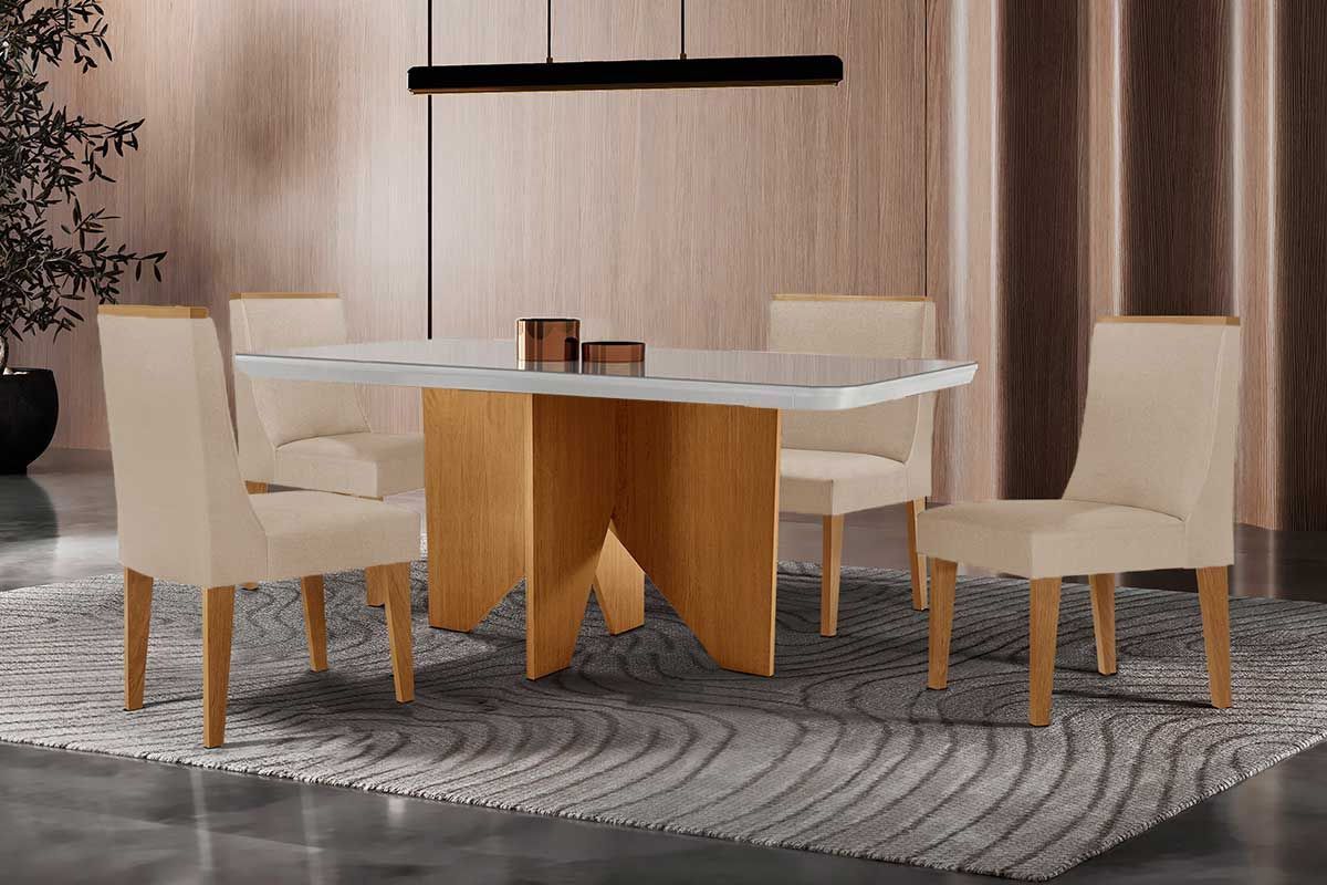 Sala Jantar Mesa Nevada Curvo 120cm + 4 Cadeiras Dakota Madeira - Rufato