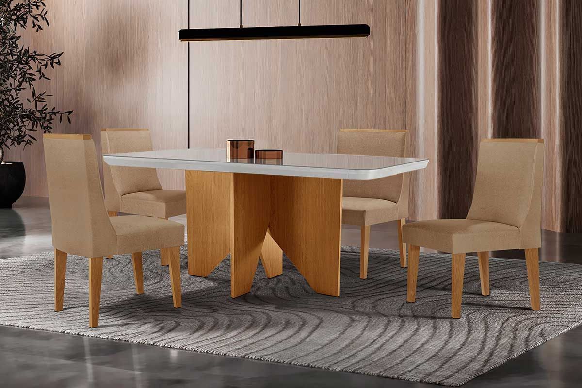 Sala Jantar Mesa Nevada Curvo 120cm + 4 Cadeiras Dakota Madeira - Rufato