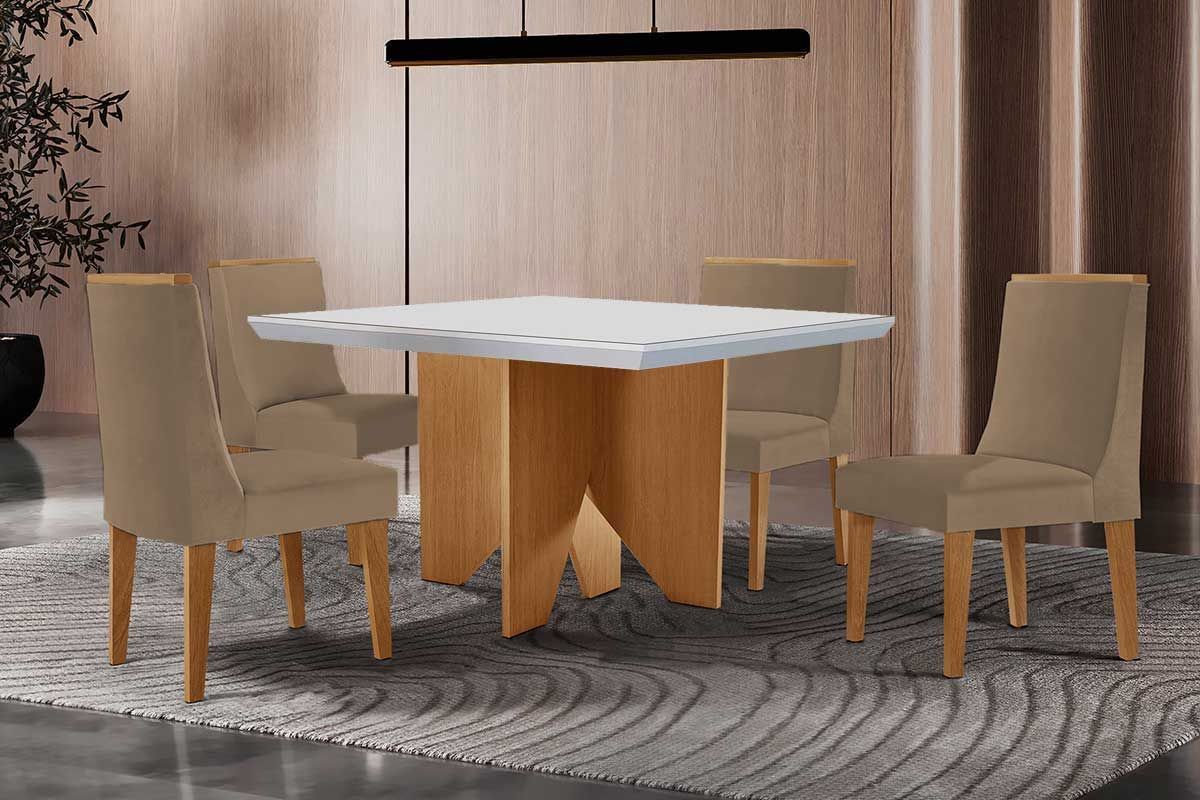 Sala Jantar Mesa Nevada Curvo 90cm + 4 Cadeiras Dakota Madeira - Rufato