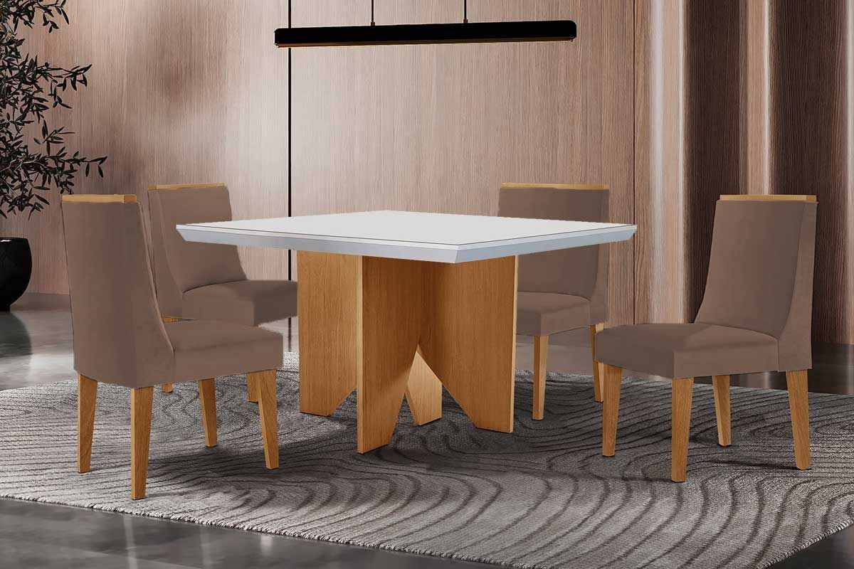 Sala Jantar Mesa Nevada Curvo 90cm + 4 Cadeiras Dakota Madeira - Rufato