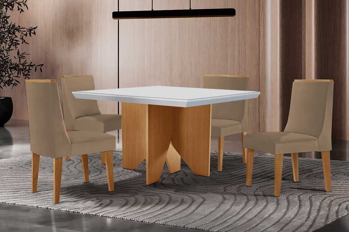 Sala Jantar Mesa Nevada Curvo 90cm + 4 Cadeiras Dakota Madeira - Rufato