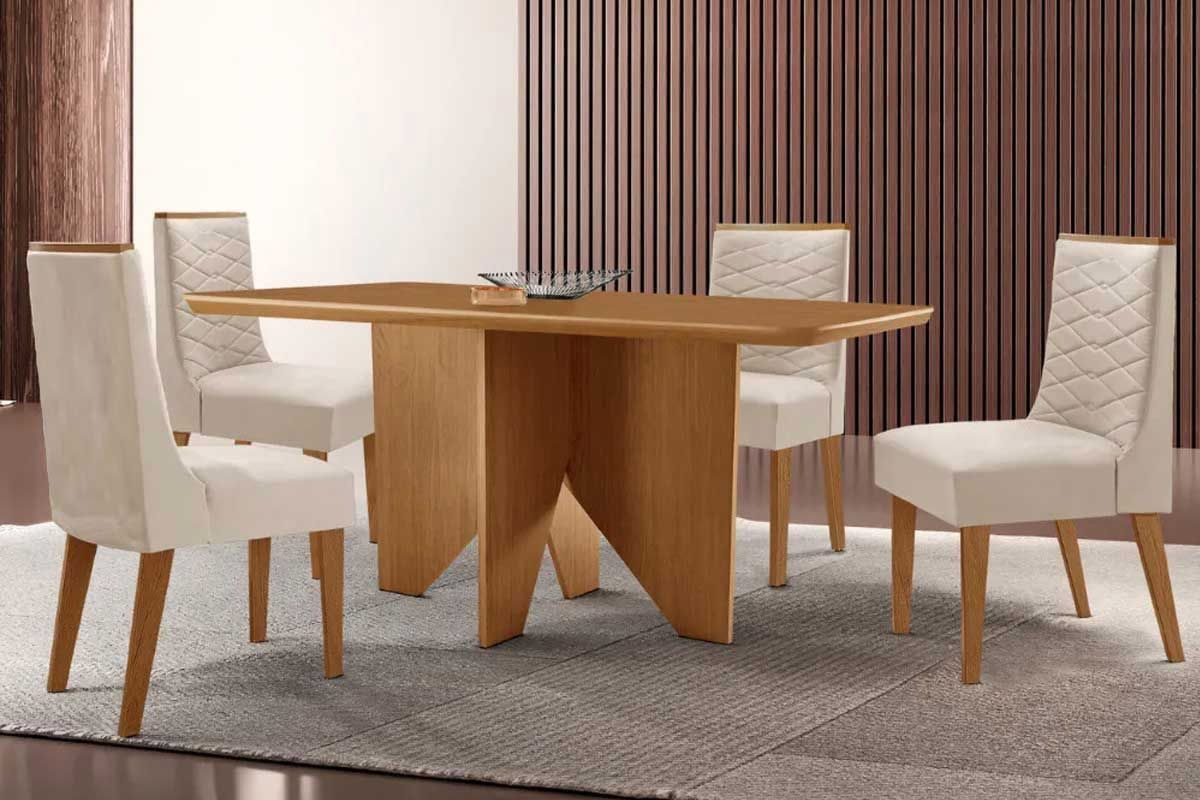 Sala Jantar Mesa Nevada Curvo 120cm + 4 Cadeiras Maldivas Madeira - Rufato