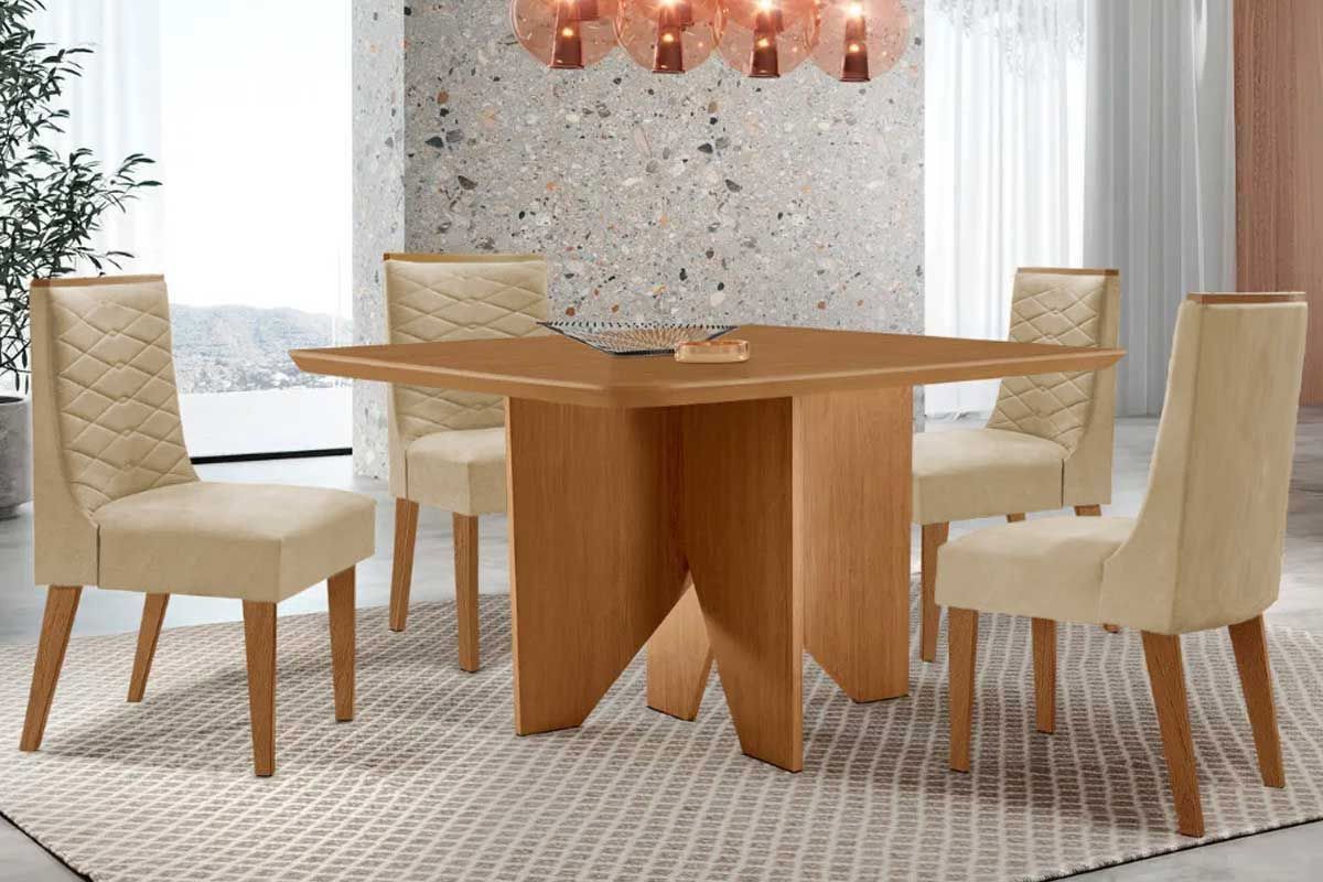 Sala Jantar Mesa Nevada Curvo 90cm + 4 Cadeiras Maldivas Madeira - Rufato