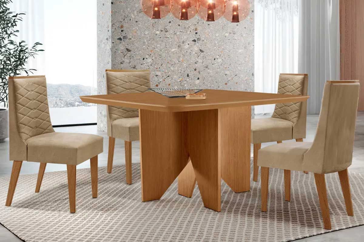 Sala Jantar Mesa Nevada Curvo 90cm + 4 Cadeiras Maldivas Madeira - Rufato